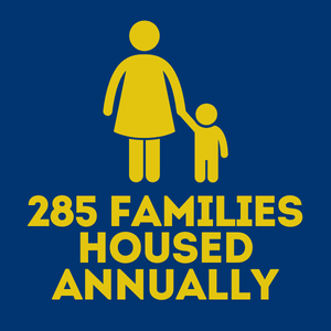 An animated icon of a mother and child holding hands with accompanying text "285 families housed annually"